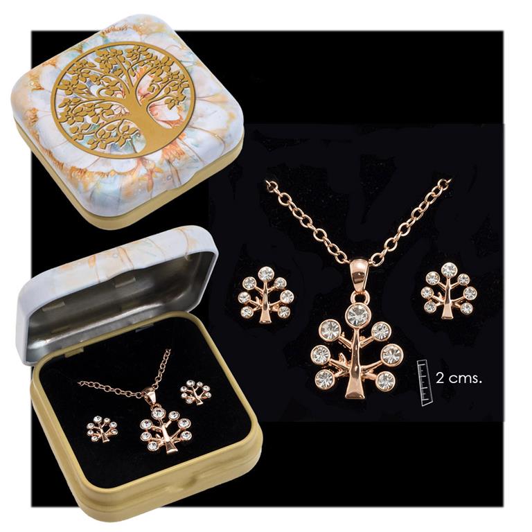 Juego de Pendientes y Colgante - Árbol de la Vida, Oro rosa.