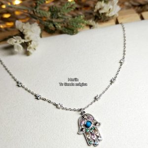 Gargantilla y Colgante Mano de Fátima con Turquesa y Circonitas -  Plata de Ley 925