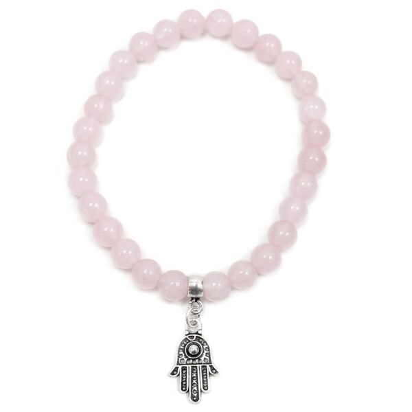 Pulsera de Cuarzo Rosa  con Talismán de Mano de Fátima - Plata 925 - Imagen 2