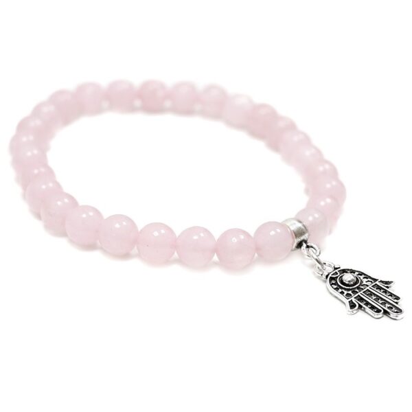 Pulsera de Cuarzo Rosa  con Talismán de Mano de Fátima - Plata 925 - Imagen 3