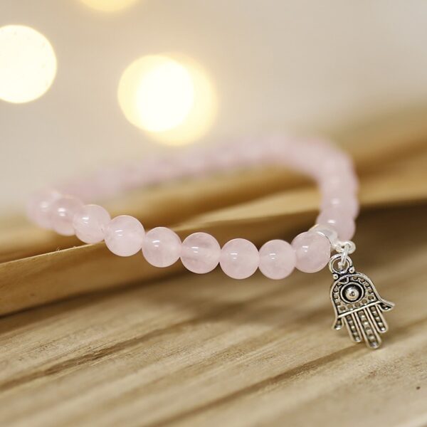 Pulsera de Cuarzo Rosa  con Talismán de Mano de Fátima - Plata 925