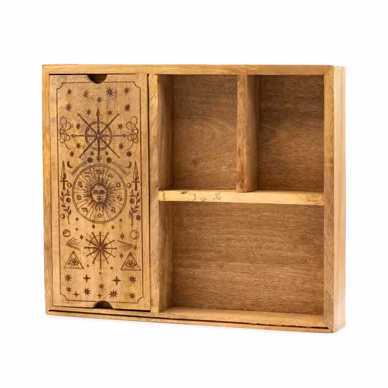 Caja de Tarot en Madera con Porta Cartas - 4 Secciones